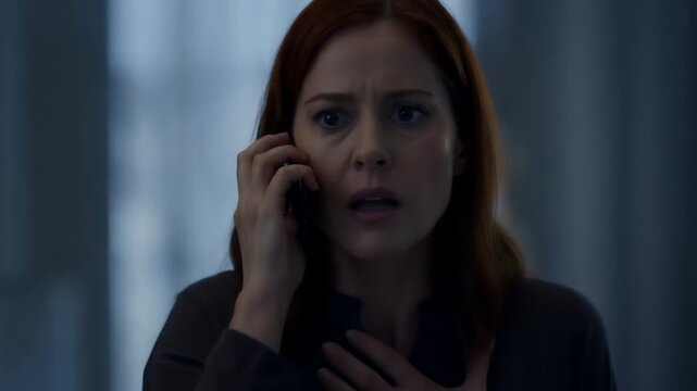 Worried woman talking on a mobile phone receives bad news and gasps in shock. Close-up of a female with an emotional reaction to a tragedy or emergency indoors