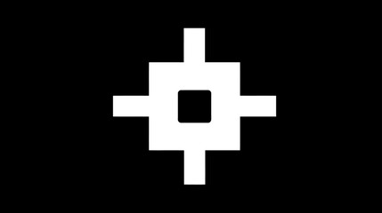 Fototapeta premium Minimalist white geometric crosshairs symbol on a black background. Abstract target design or pixelated graphic element.