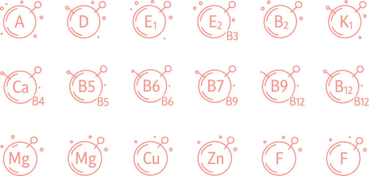 Vitamin and mineral icon set with circular molecular designs for nutrition, health education, and supplement-themed design use.