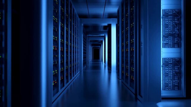 A Dimly Lit Corridor of Advanced Server Technology, Showcasing Rows of High-Performance Computing Equipment and a Futuristic Aesthetic in a Data Center Environment