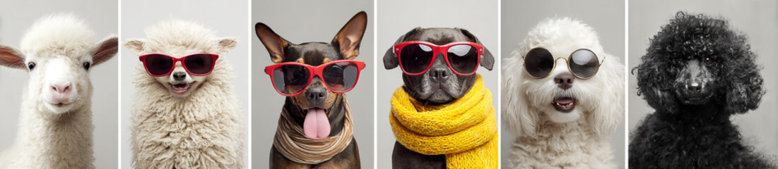Obraz premium Collection of playful animals wearing stylish sunglasses showcasing diversity in species and accessories
