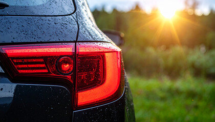Close-up shot of a car's rear brake light in the countryside during sunset with sun flares