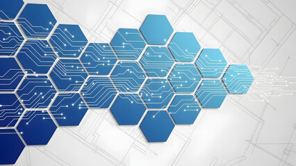 Abstract blue hexagonal network pattern with digital circuits and technology concept on a white background, symbolizing connectivity and data flow