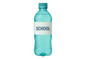 Blue plastic water bottle with school label on transparent background
