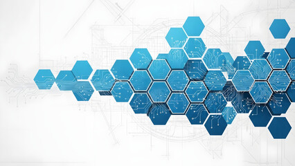 Dynamic digital network background featuring interconnected blue hexagons, symbolizing advanced data processing, technological innovation, and seamless global connection