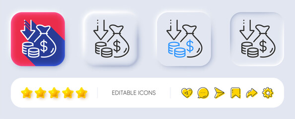 Deflation line icon. Neumorphic, Flat shadow, 3d buttons. Price reduction sign. Reduce rate symbol. Line deflation icon. Social media icons. Vector