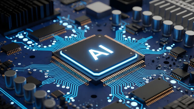 Advanced Artificial Intelligence chip with glowing 'AI' symbol on a blue circuit board, symbolizing digital technology and machine learning innovation - Powered by Adobe
