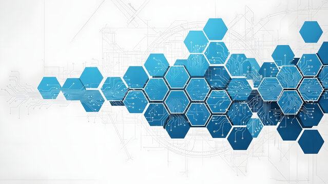 Dynamic digital network background featuring interconnected blue hexagons, symbolizing advanced data processing, technological innovation, and seamless global connection - Powered by Adobe