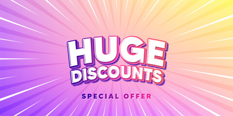 Huge discounts sun rays gradient banner. Light burst background. Huge Discounts tag. Special offer price sign. Advertising Sale symbol. Gradient sun rays. Sunburst light. Vector