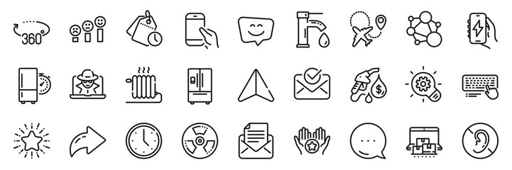 Tap water, Time management and Integrity line icons pack. Share, Message, Paper plane icons. Customer satisfaction, Refrigerator timer, 360 degrees web icon. Vector
