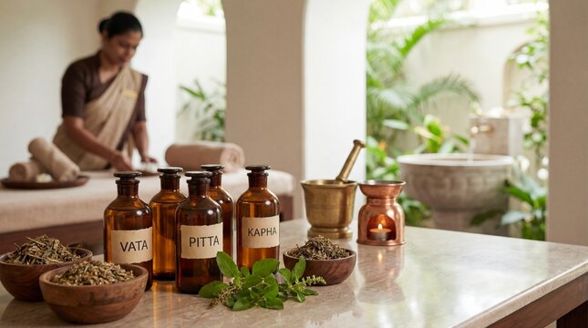 Ayurvedic Spa Setting with Herbs and Oils