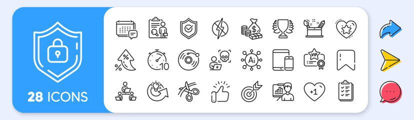 Presentation board, Antistatic and Vinyl record line icons. Interest rate, AI generate, Inflation icons. Pack of Winner, Scissors, Timer icon. Vector