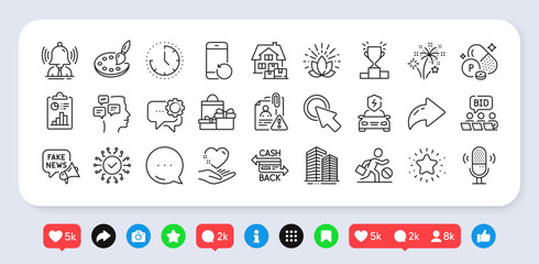 Skyscraper buildings, Microphone and Messages line icons pack. Social media: share, comment, like icons. Jobless, Security network, Hold heart web icon. Vector