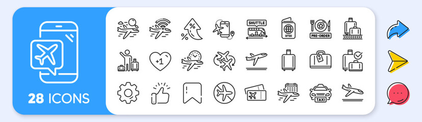 Airport line icons. Interest rate, AI generate, Inflation icons. Boarding pass, Baggage claim, Arrival and Departure. Connecting flight, tickets, pre-order food icons. Vector