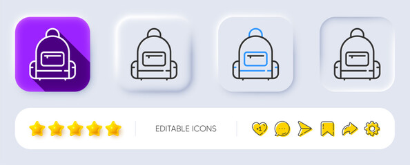 Backpack line icon. Neumorphic, Flat shadow, 3d buttons. Travel baggage bag sign. Handbag luggage symbol. Line backpack icon. Social media icons. Vector