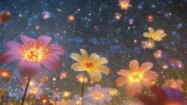 Beautiful glowing flowers in a cosmic setting with sparkling stars and a dark background