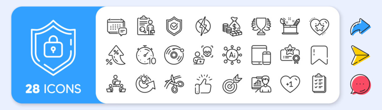 Presentation board, Antistatic and Vinyl record line icons. Interest rate, AI generate, Inflation icons. Pack of Winner, Scissors, Timer icon. Vector