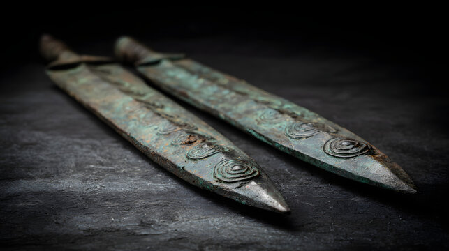 constancies. Two ancient bronze swords with complementary patina on a dark surface. event programs, museum guides, designed for cultural heritage projects and event programs.