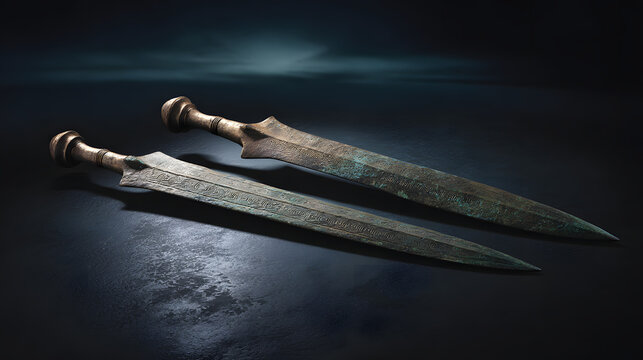 constancies. Two ancient bronze swords with complementary patina on a dark surface. event programs, museum guides, designed for cultural heritage projects and event programs.