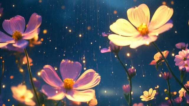 Beautiful glowing flowers in a cosmic setting with sparkling stars and a dark background