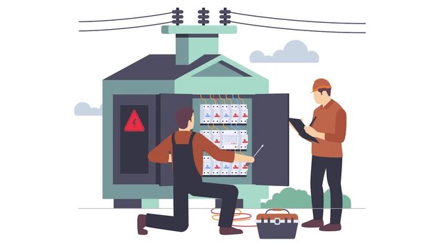 Engineers doing distribution panel inspection animation, Substation Circuit Breaker Maintenance animated video, Electrician Profession Clip, High Voltage Supply footage, Handyman Repairman motion