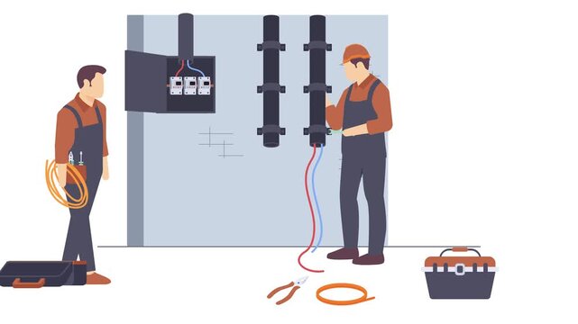 electrician installing electrical wiring of buildings animation, repairs and upgrades cable animated video, Electric Profession Clip, Low High Voltage Power Supply footage, Handyman Repairman motion