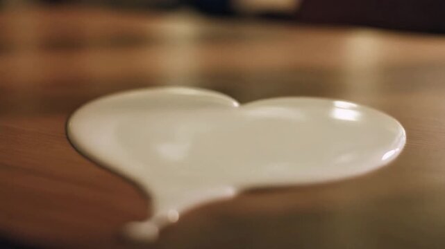 A heart-shaped puddle of white paint on a wooden table with a blurred background and a warm brown color palette
