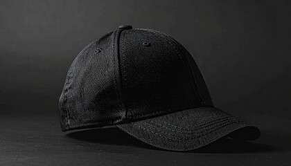 Black baseball cap with curved brim and visible stitching on dark background with dramatic lighting.