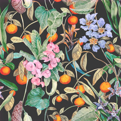 A tropical seamless pattern with orange fruits, orchid flowers, milkweed, and Lagerstroemia. Botanical wallpaper with exotic plants, hand-painted in watercolor.