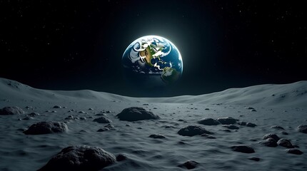 A breathtaking view of earth from the desolate and cratered surface of the moon