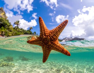 Vivid orange starfish suspended over clear water, sky, and beach
