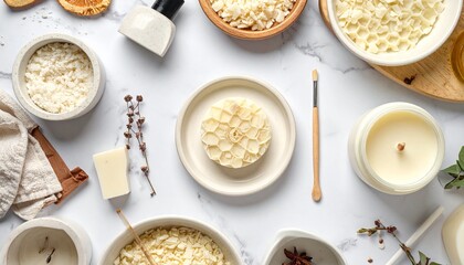 Artisanal setup for natural beauty and wellness, featuring skincare ingredients, essential oils, and dried botanicals arranged on a serene white marble surface