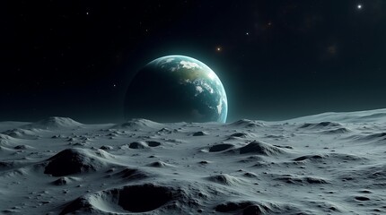 A breathtaking view of our home planet earth majestically rising above the rugged lunar surface
