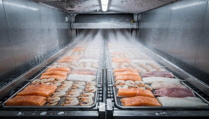 Medium shot of a singlelane blast freezing tunnel with trays of fresh seafood rapidly chilled by highvelocity cold air highlighting the frosty industrial environment.