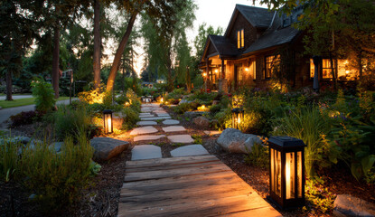 Fototapeta premium Cozy wooden house surrounded by lush garden with illuminated pathway and warm exterior lighting during evening