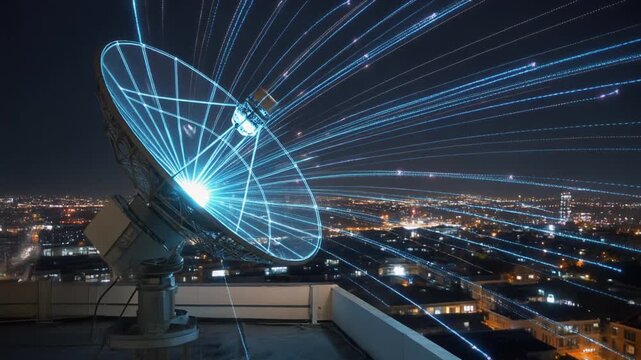 Satellite dish with digital signals over city.