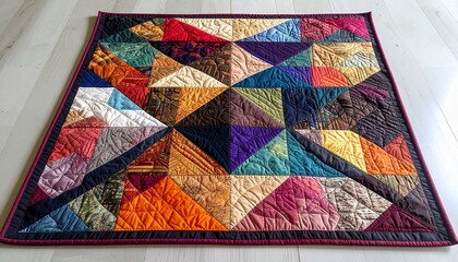 A beautifully handcrafted quilt featuring a kaleidoscope of colorful geometric patterns, showcasing intricate stitching and vibrant fabric textures