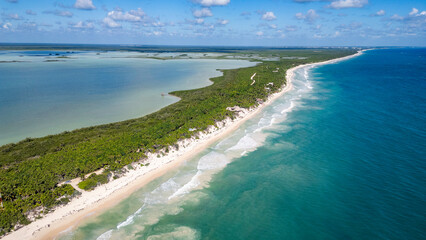 Sian Kaan Biosphere Mexico Beautiful beach with a clear blue ocean and a lush green forest. The beach is full of people enjoying the day