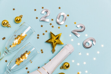 New Year 2026 Celebration with Champagne and Gold Decorations