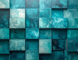 Close-up of artistic abstract tile mosaic in teal and green hues