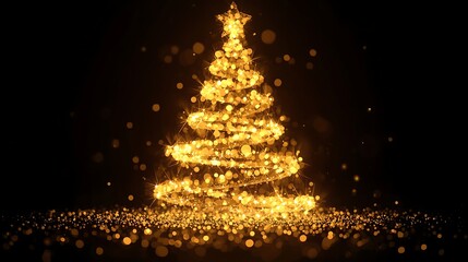 Elegant christmas tree formed by luminous golden particles and sparkling bokeh lights