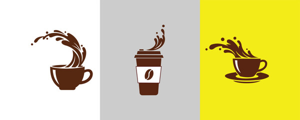 Set of three coffee splash icons cup with splash, togo cup, and cup with splash on saucer on yellow background, vector illustration