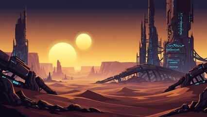 황량한 미래 도시, 석양 아래 신비롭게 빛나다