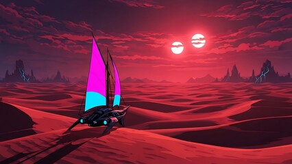붉은 사막 위 빛나는 돛, 환상적인 풍경