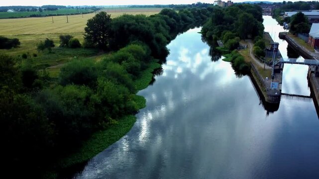 Early morning vertical aerial ascent over Aire and Calder Canal at Ferrybridge