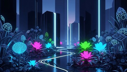 네온빛 도시 정원의 몽환적 야경 풍경