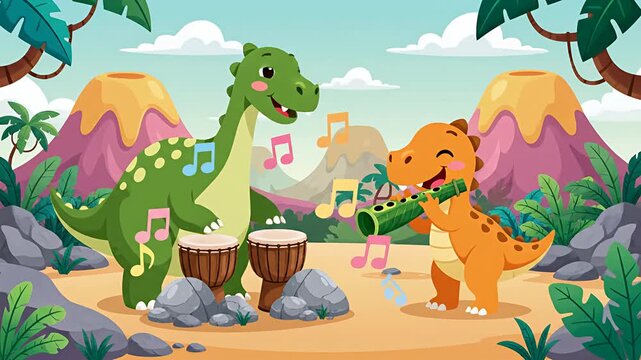 Happy Dinosaurs Playing Music in a Prehistoric Landscape with Volcanoes.