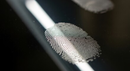 Macro view of a fingerprint with intricate ridges and swirl pattern on a sleek surface