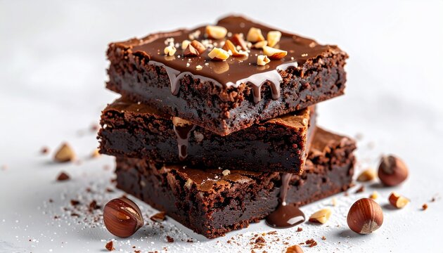 Stack of fudgy chocolate brownies drizzled with glaze and topped with nuts