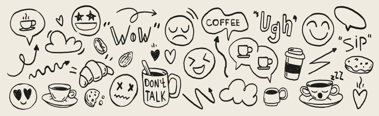 Hand drawn coffee and emotions doodle icon set with funny faces, quotes, cups, snacks and mood symbols. Playful black line art elements for stickers, social media, cafes and lifestyle branding. © Andrey